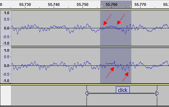 Clicky example waveform view click labelled and zoomed red arrows.png