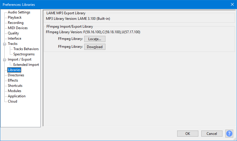 audacity not finding ffmpeg library